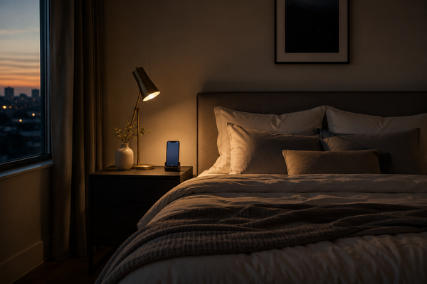 Modern bedroom at dusk with soft bedding and a glowing phone, illustrating how modern life affects sleep