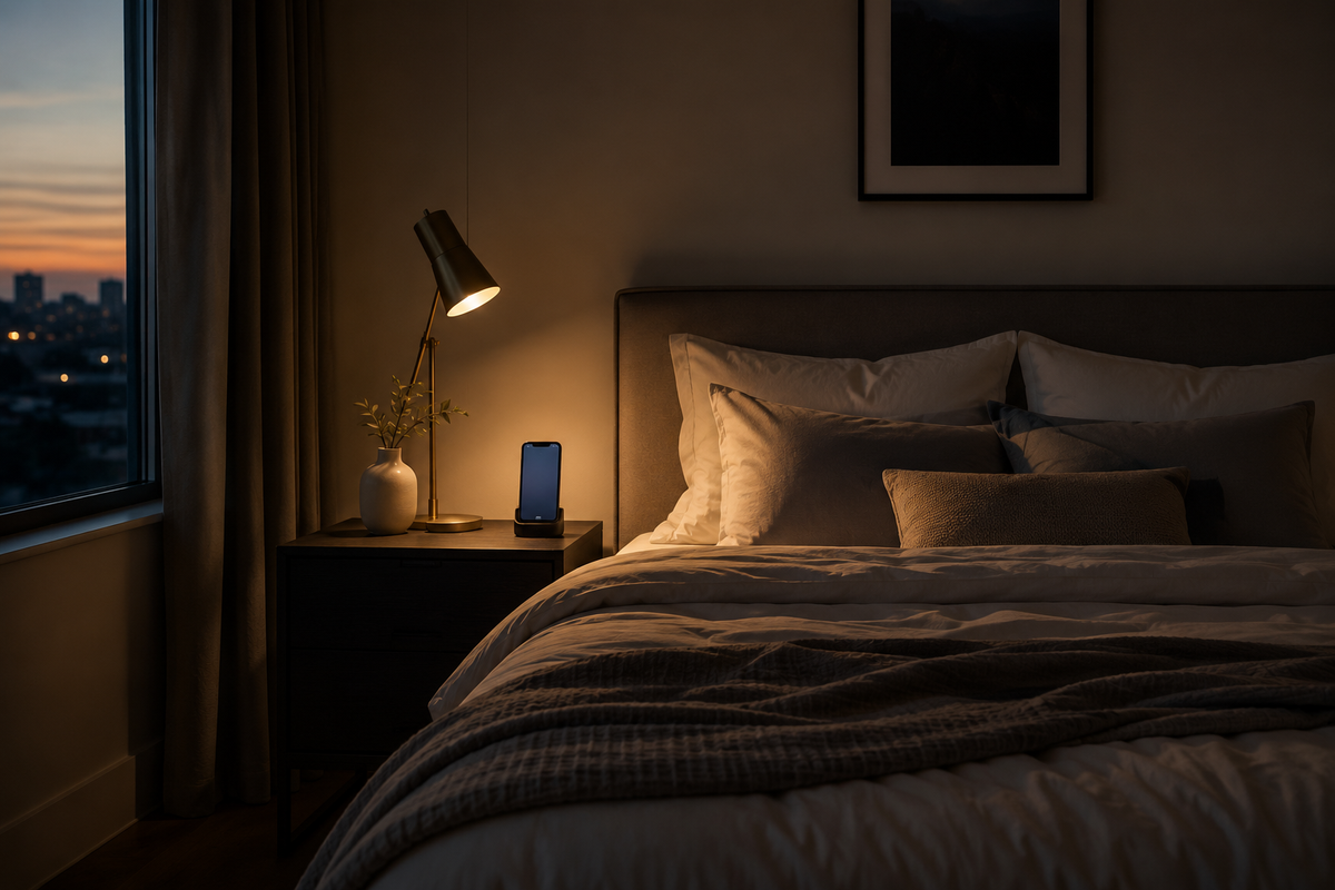 Modern bedroom at dusk with soft bedding and a glowing phone, illustrating how modern life affects sleep