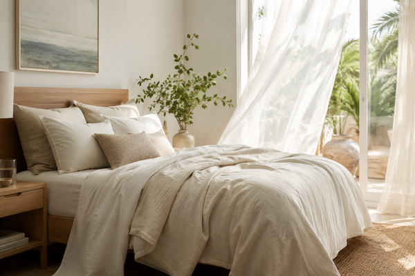 An airy summer bed with a lightweight comforter, breathable layers, and soft natural morning light.