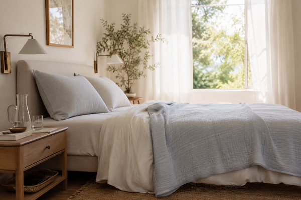 Airy summer guest bedroom with breathable bedding and a lightweight quilt in soft daylight