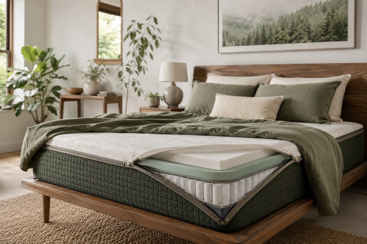 Unzipped mattress showing a replaceable comfort layer in a warm modern bedroom