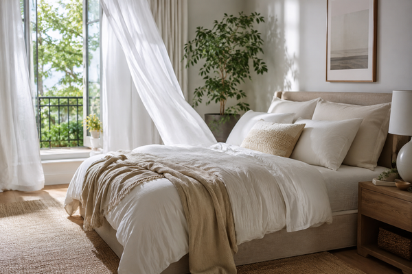Airy modern bedroom with an open window, sheer curtains, and layered breathable bedding