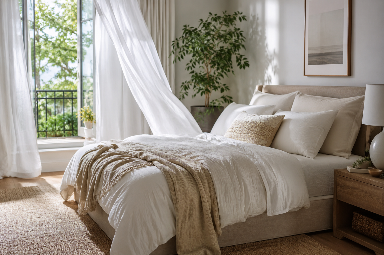 Airy modern bedroom with an open window, sheer curtains, and layered breathable bedding