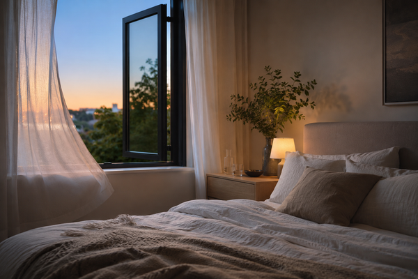 Calm summer bedroom at dusk with a neatly layered bed, soft breathable bedding, and a slightly open window with sheer curtains moving gently.
