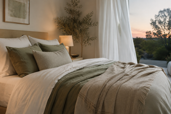Modern layered summer bed in a calm bedroom at dusk, styled to show breathable bedding for changing overnight temperatures