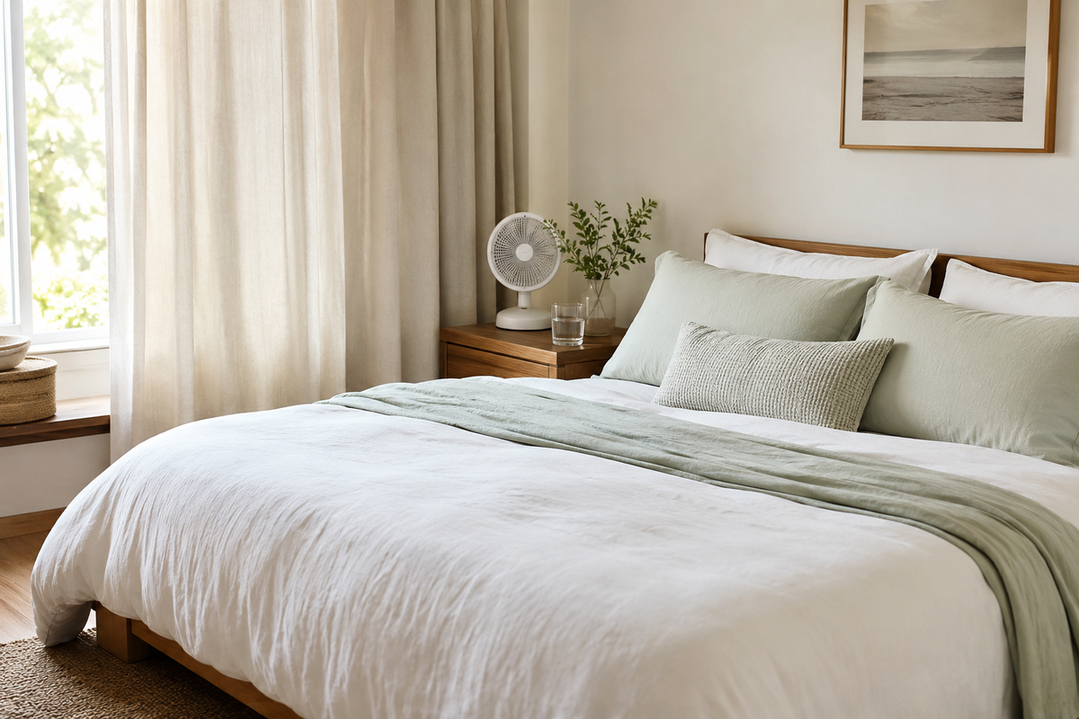Calm summer bedroom with breathable bedding, closed curtains, a bedside fan, and water prepared for a heat wave.