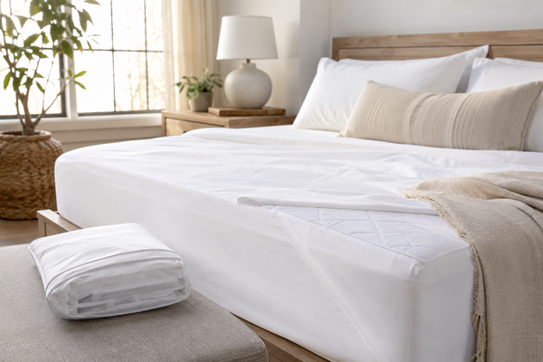 Freshly made bed with breathable white bedding in a bright bedroom, illustrating practical mattress protection