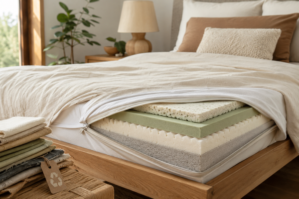 Unzipped mattress showing replaceable comfort layers in a warm modern bedroom