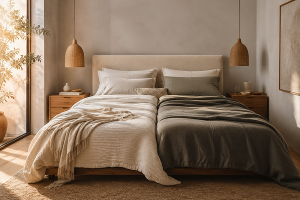 A calm bedroom with one bed made with two separate duvets for personalized couple comfort