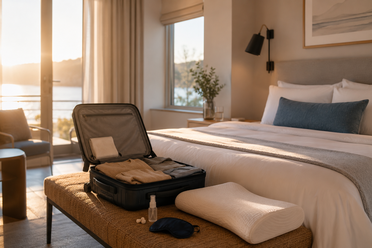 A calm traveler in soft morning light near an open suitcase and neatly made bed, preparing for an early summer trip.