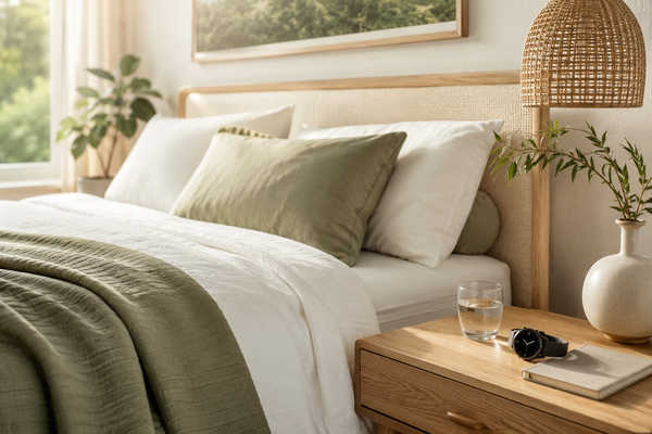 A calm bedroom with breathable bedding and a sleep tracker on the nightstand.