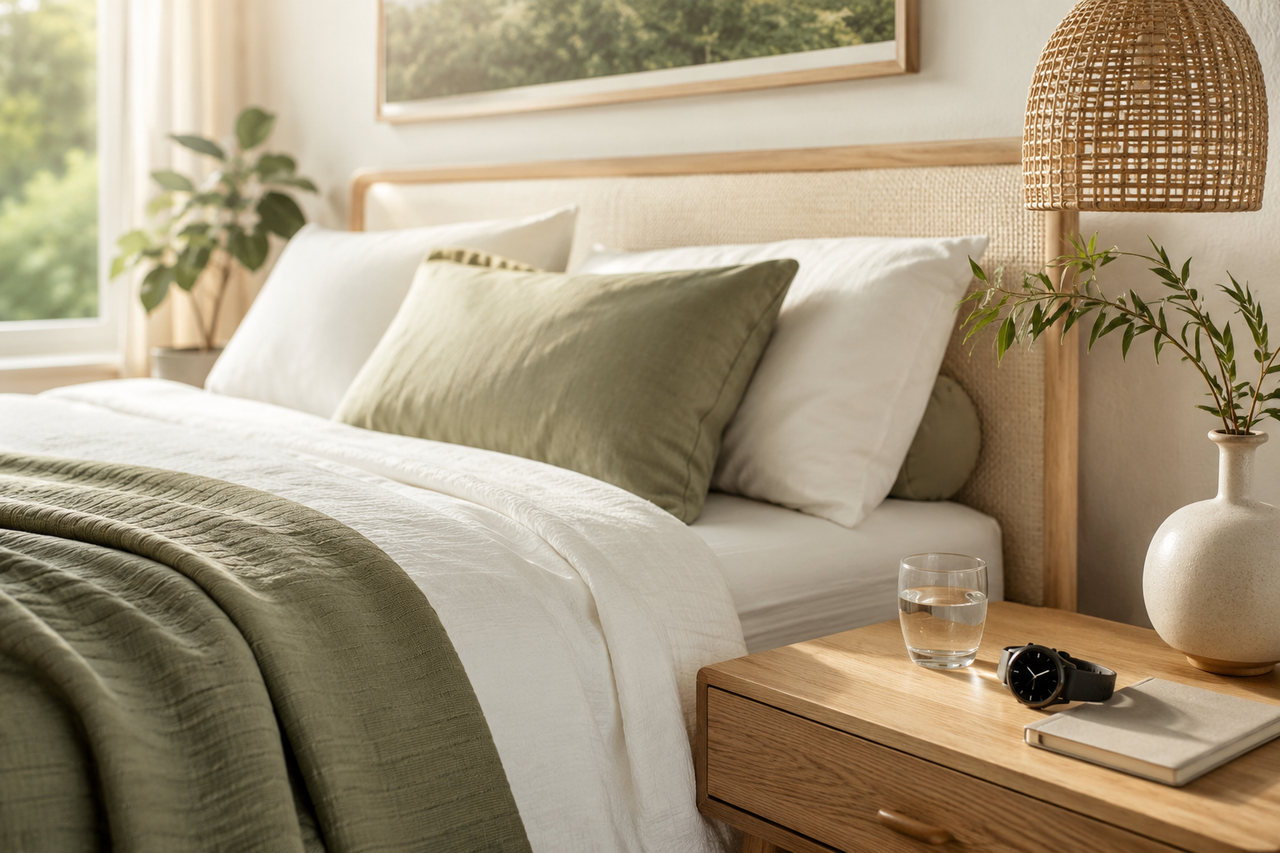 A calm bedroom with breathable bedding and a sleep tracker on the nightstand.