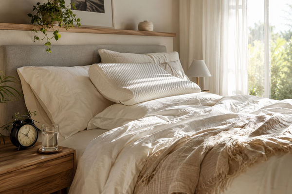 Calm summer morning bedroom with breathable bedding and an alarm clock after a late night