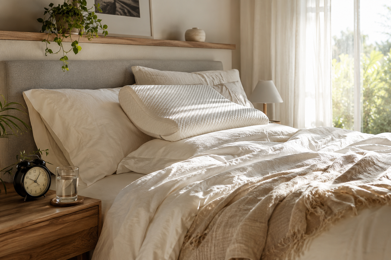 Calm summer morning bedroom with breathable bedding and an alarm clock after a late night