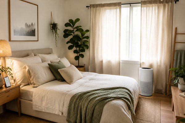 Bedroom set up as a cleaner-air sleep room with closed curtains, breathable bedding, and an air purifier