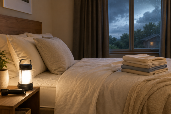 Bedroom prepared for a storm with breathable bedding, folded sheets, and a battery lantern