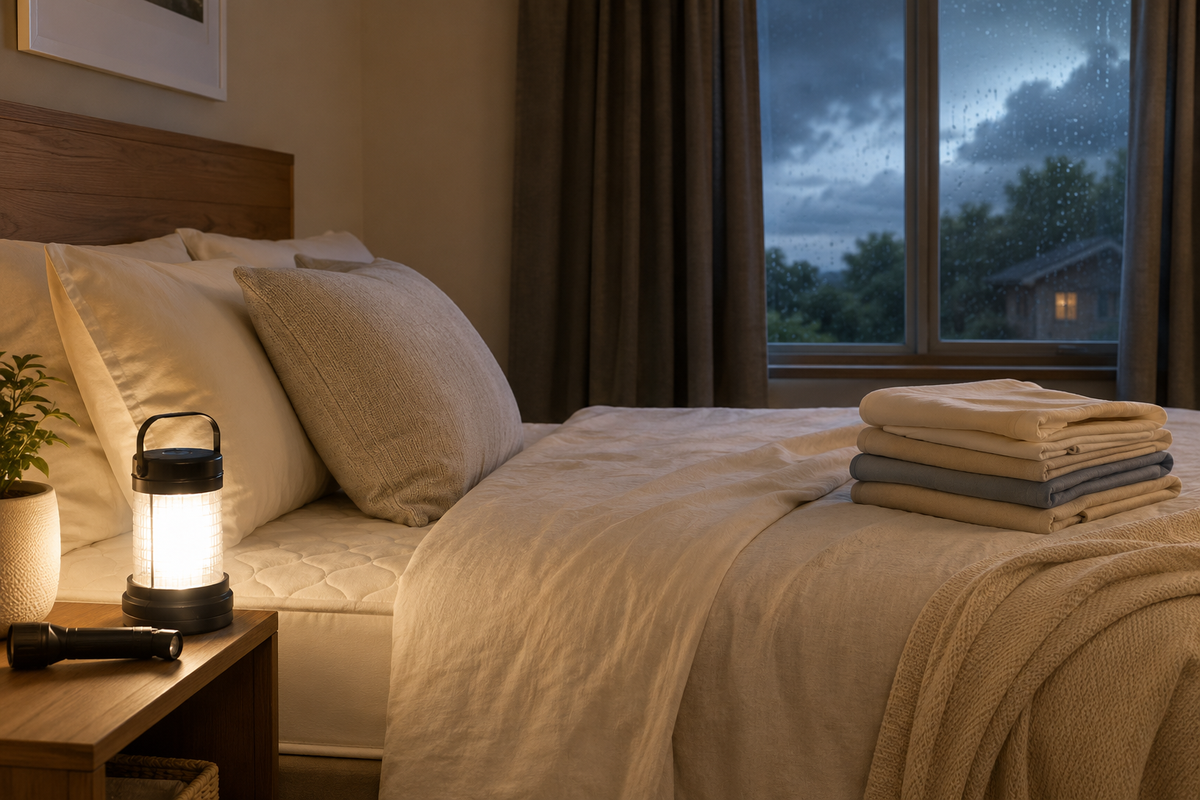 Bedroom prepared for a storm with breathable bedding, folded sheets, and a battery lantern