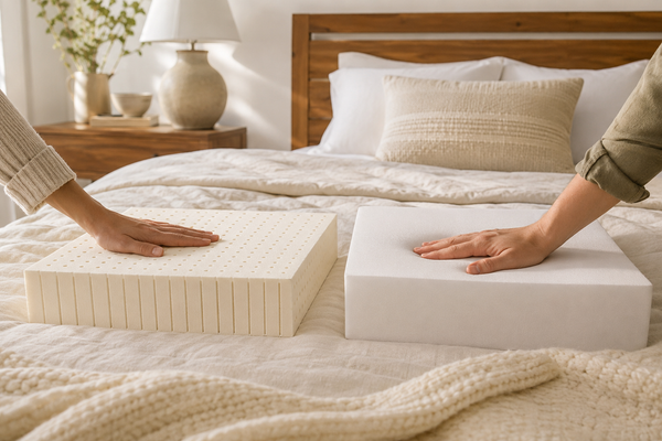 Hands pressing latex and responsive foam comfort layer samples on a neatly made bed