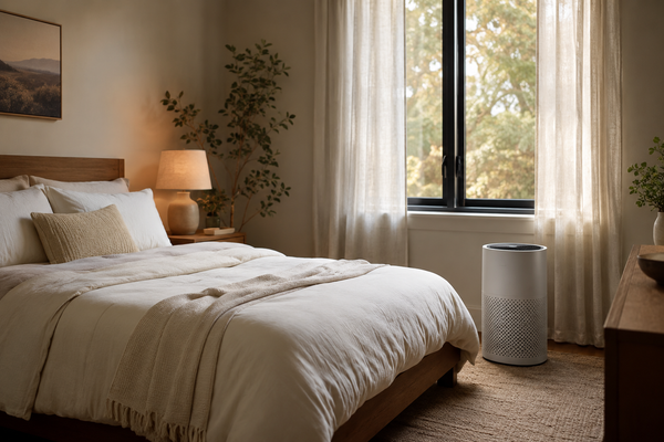 Serene bedroom with closed curtains, breathable bedding, and an air purifier set up for cleaner indoor air during smoke season.