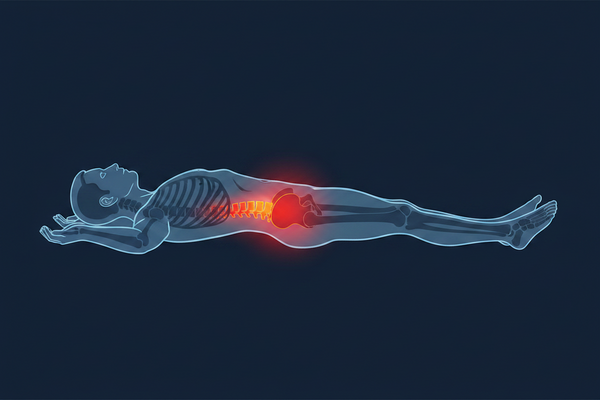 Illustration of a person lying down with a highlighted knee joint on a dark background