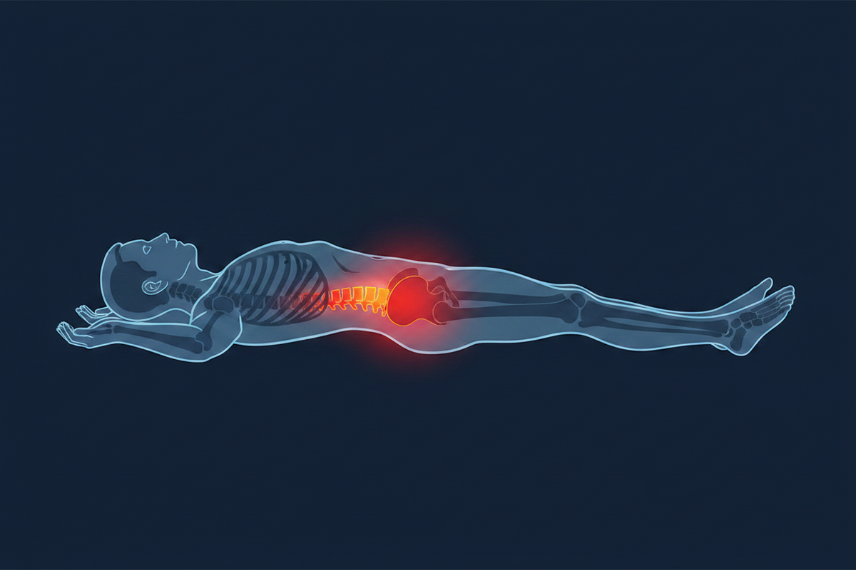 Illustration of a person lying down with a highlighted knee joint on a dark background