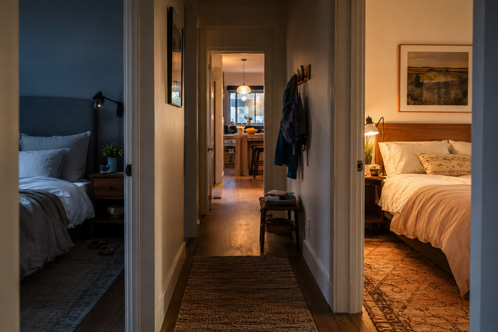 Two separate bedrooms connected by a hallway in a family home at dawn