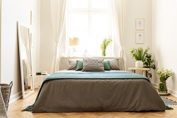 A fully made bed in a well lit bedroom