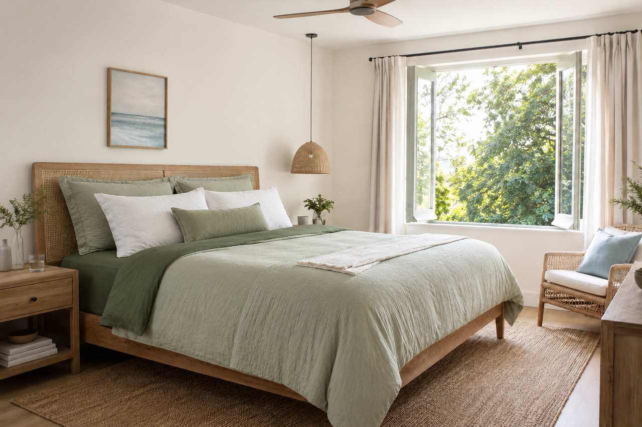 Bright summer bedroom with lightweight breathable green bedding and soft natural light