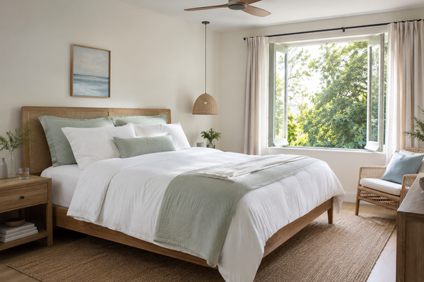 Bright summer bedroom with lightweight breathable bedding and soft natural light