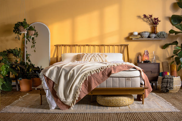 An Owl mattress sitting in a warm, brightly lit bedroom.