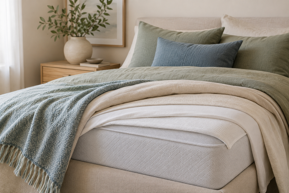 Layered mattress corner showing a protector, fitted sheet, and bedding in a warm modern bedroom