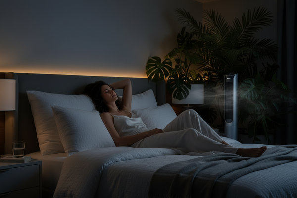 Woman relaxing on a bed in a dimly lit bedroom with a plant and nightstands.