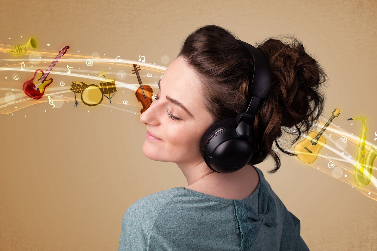 woman with headphones listening to classical music graphic