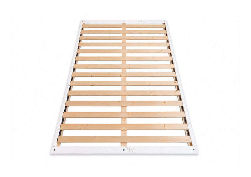 Wooden bunkie board bed slats framed in organic cotton on a white background