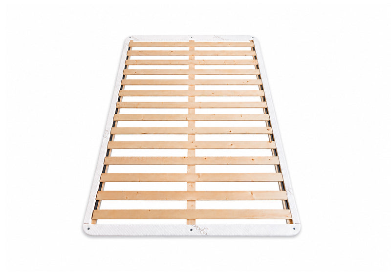 Wooden bunkie board bed slats framed in organic cotton on a white background