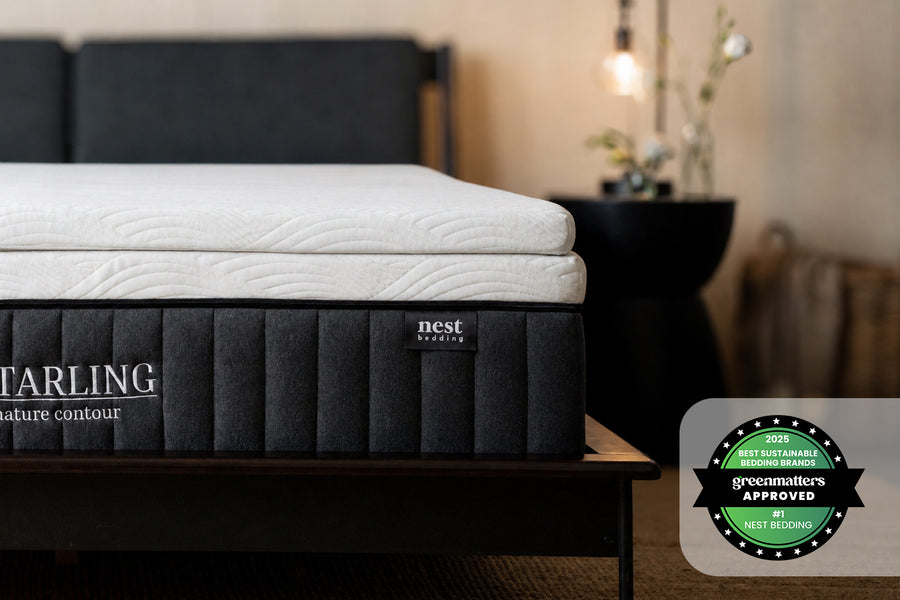 Cooling Topper on the Starling signature contour mattress, bedroom scene, and greenmatters approved 2025 best sustainable bedding brands award badge