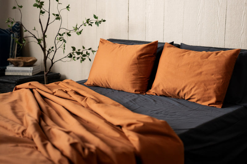 Terracotta Sateen Organic Cotton Luxury Duvet Cover Set, Slate Grey Sateen Organic Cotton Luxury Sheet Set
