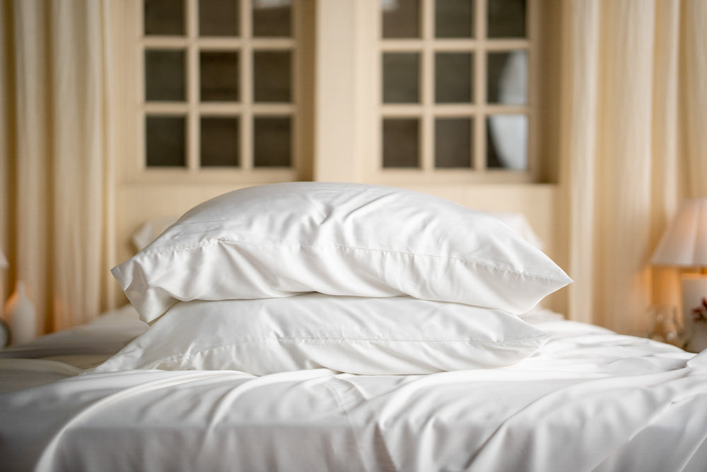 white 100% Bamboo Luxury Sheet Set 2 pillowcases on pillows stacked