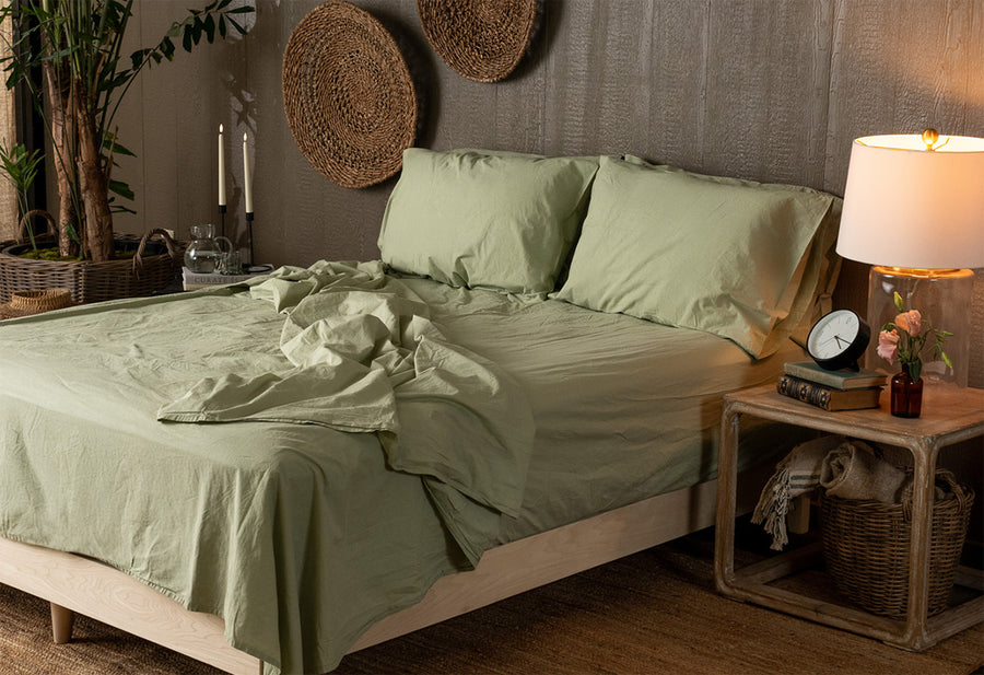Sage Crinkle Percale Organic Cotton Sheet Sets