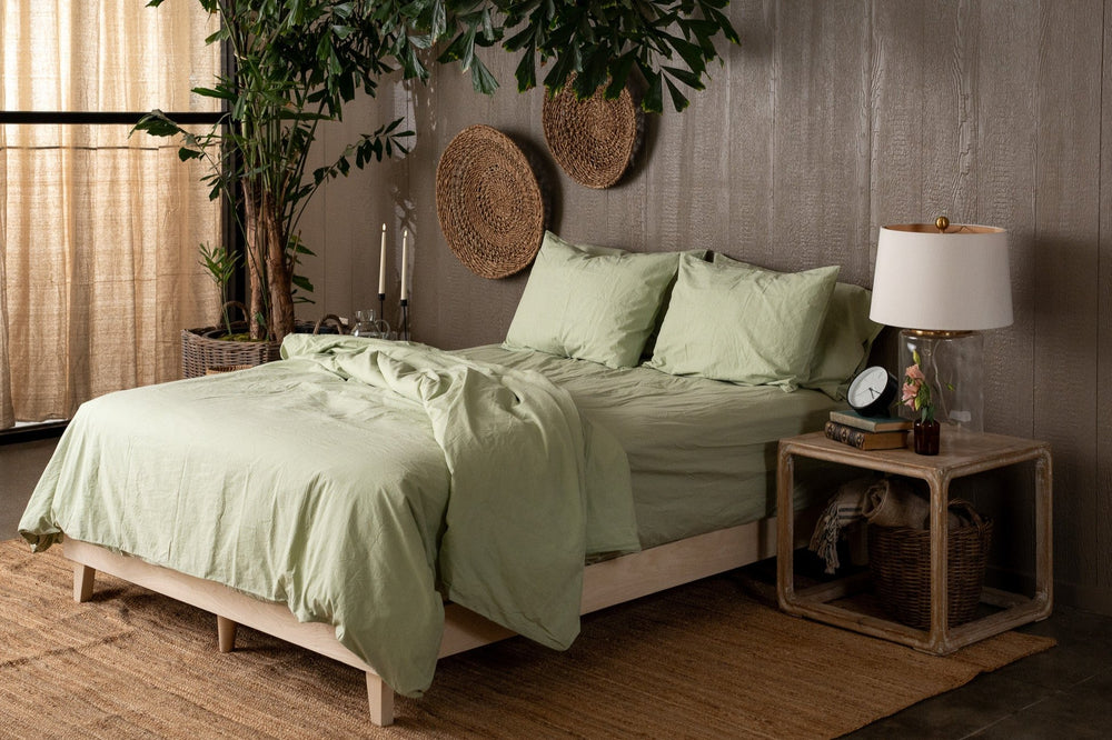 Sage Green Crinkle Percale Organic Cotton Duvet Cover Set