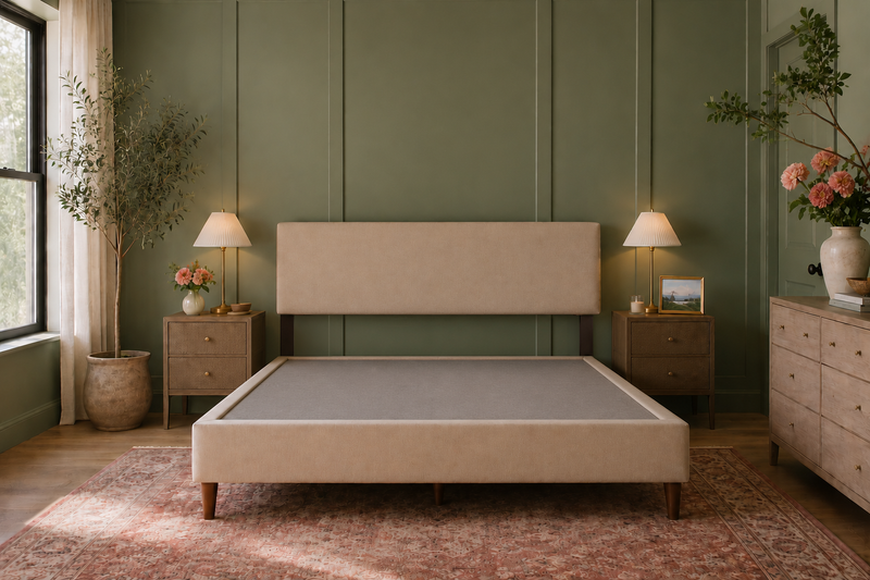 An upholstered bed frame with headboard in a warm beige fabric stands in a styled bedroom with a green paneled wall, matching nightstands, lamps, a rug, and decorative plants.