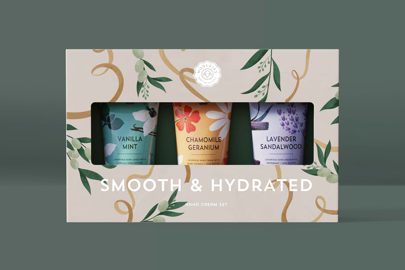 smooth and hydrated hand cream set in packaging