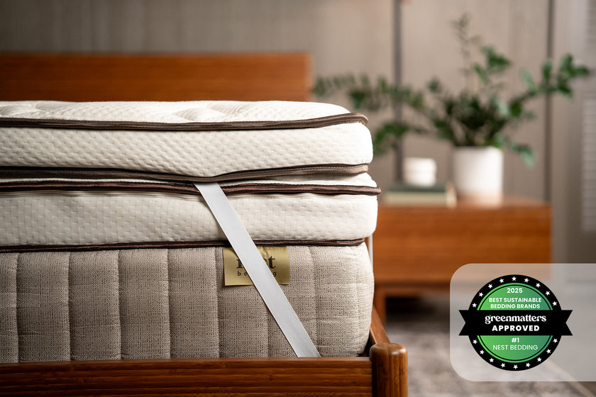 Soft Latex Topper corner strap wrapped around the Owl Natural Latex Hybrid mattress, bedroom scene, and greenmatters approved 2025 best sustainable bedding brands award badge