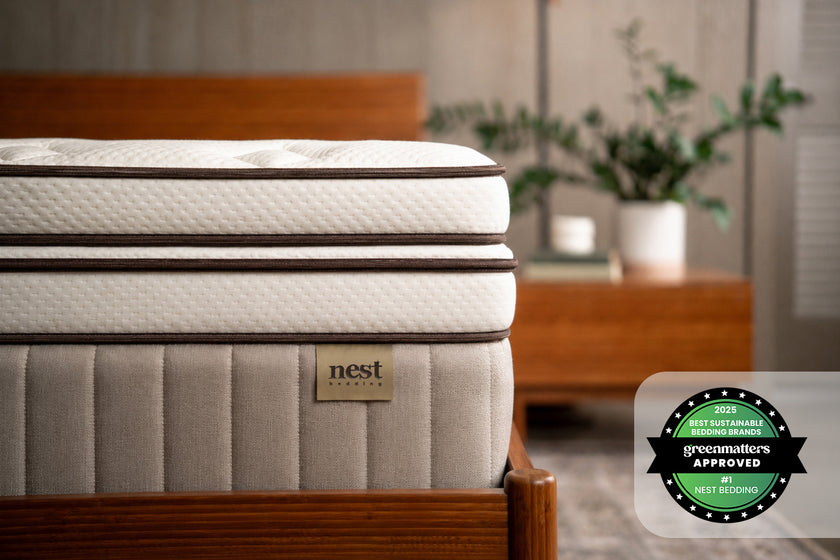 Soft Latex Topper on the Owl Natural Latex Hybrid mattress, bedroom scene, and greenmatters approved 2025 best sustainable bedding brands award badge