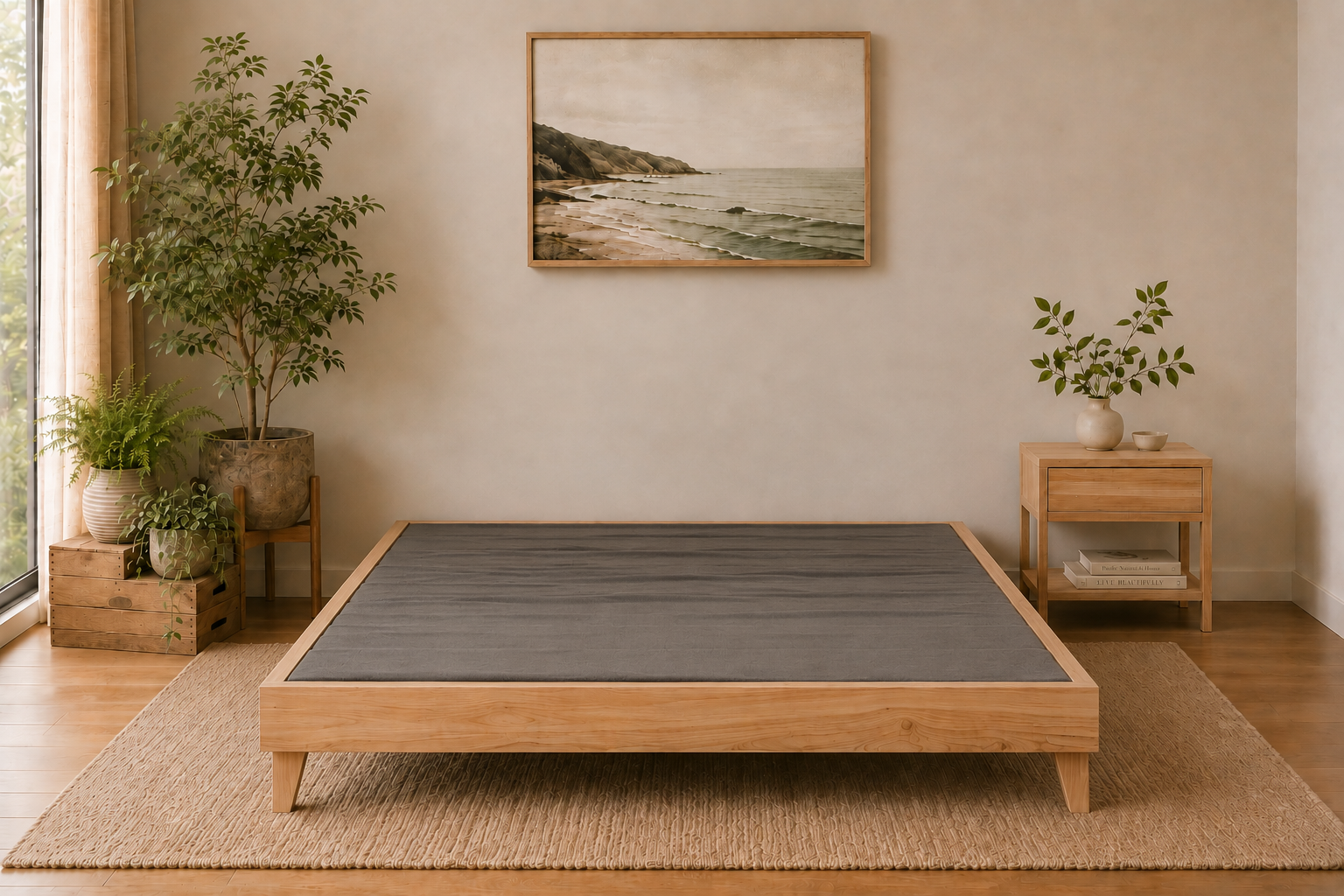 A minimalist wooden platform bed with dark gray fabric-encased slats, styled in a warm, modern bedroom with a beige rug, side table, potted plants, and a framed landscape painting on the wall.